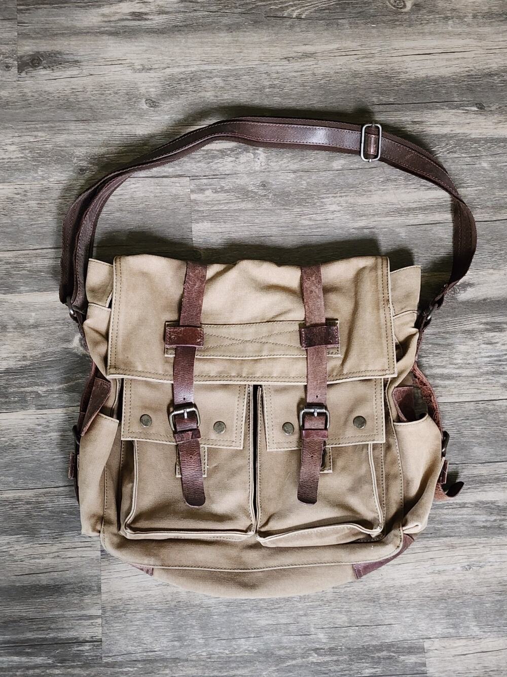 Rustic Town Men Brown Military Leather Canvas Messenger Bag Shoulder Crossbody